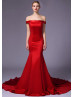 Off Shoulder Red Satin Simple Evening Dress